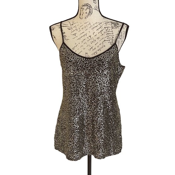 Express Gold Sequin Black Tank Top Bling Cami Sparkle Party Date Night Out NEW L - Picture 1 of 9
